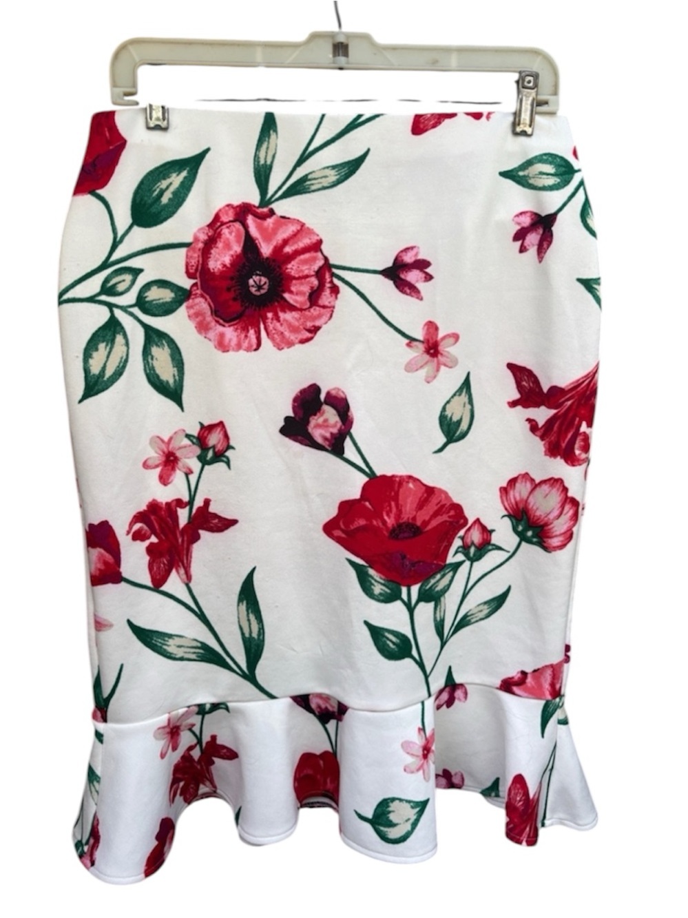 Floral Pencil Skirt with Ruffle Hem - White with Red Floral